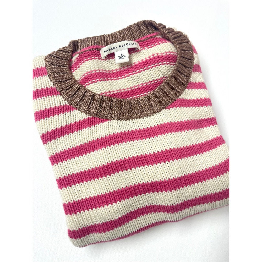 Banana Republic Pink Cream Striped Metallic Trim Cotton Sweater Small 0390